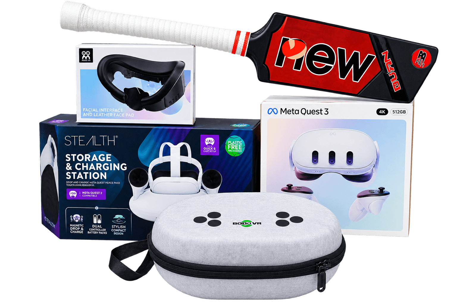 Meta Quest 3 512GB Full Bundle (Headset + IB Cricket Bat + AMVR Facial Interface + Charging Dock + Carry Case) — view 1